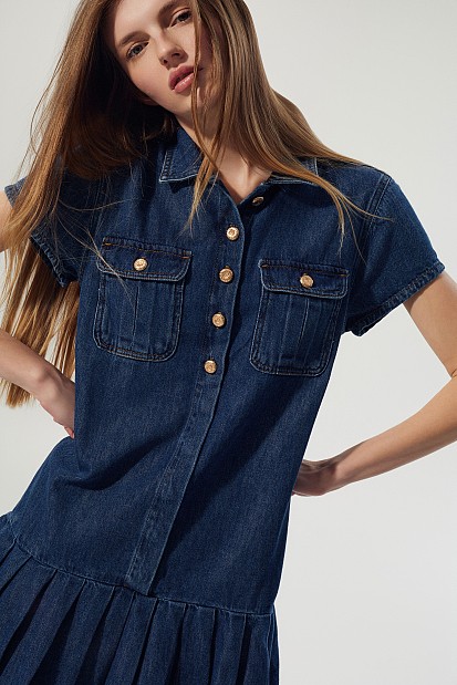 Mini denim pleated dress