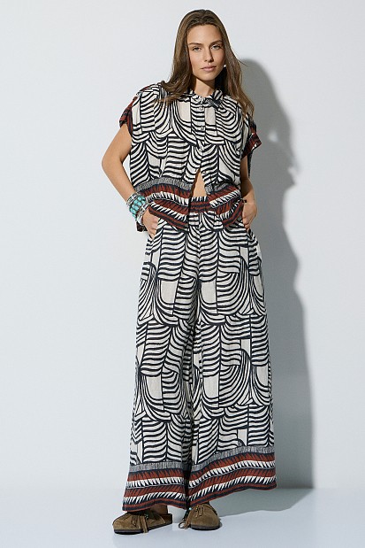 Printed linen wide-leg trouser