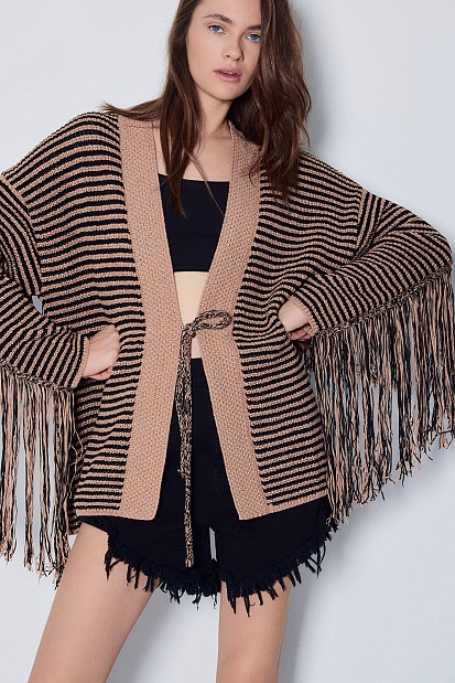 Striped knitted cardigan with fringe details