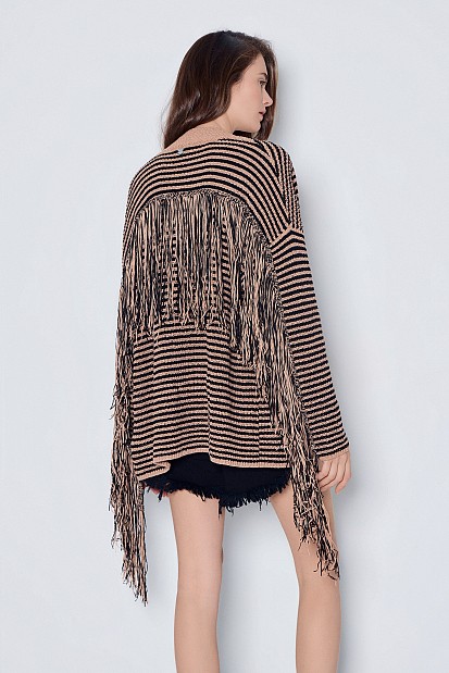 Striped knitted cardigan with fringe details