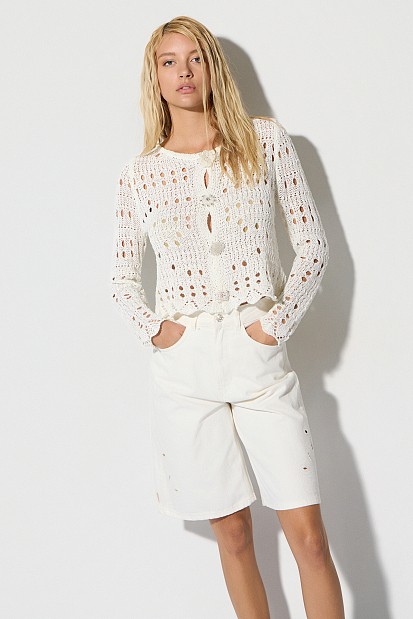 Cutwork knitted cardigan with jewel buttons