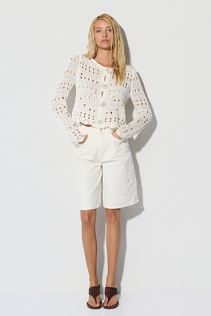 Cutwork knitted cardigan with jewel buttons