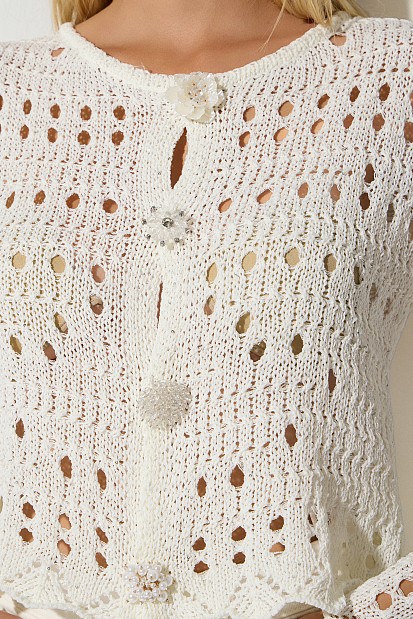 Cutwork knitted cardigan with jewel buttons