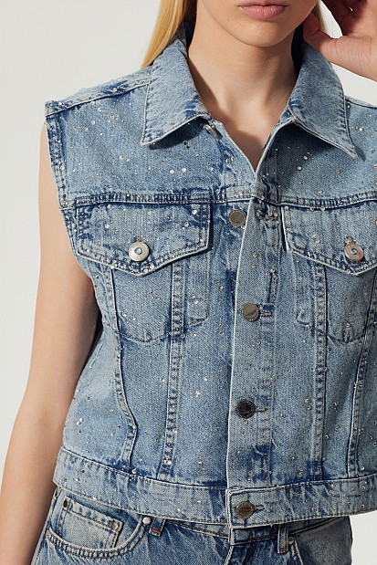 Denim vest with rhinestones
