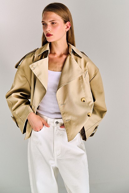 Short trench coat with elastic waistband