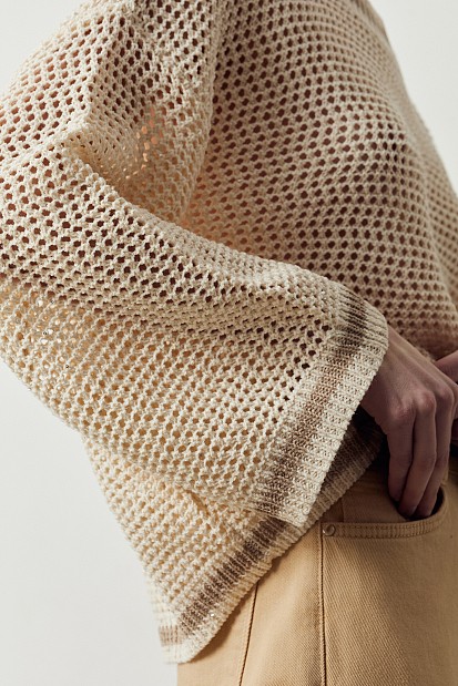 Cut work sweater with stripe