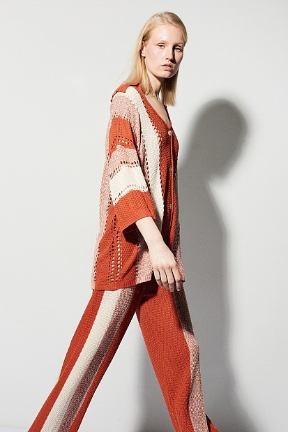 Striped knit set with cut work