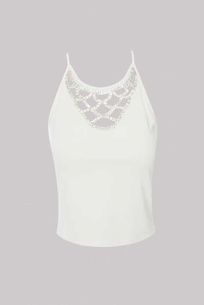 Blouse with cutwork and rhinestones