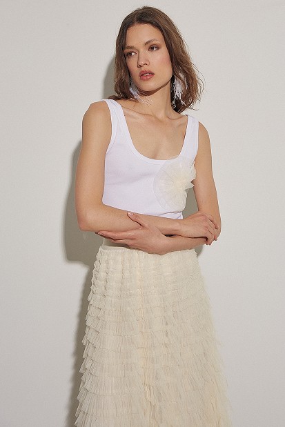 Ribbed blouse with tulle design