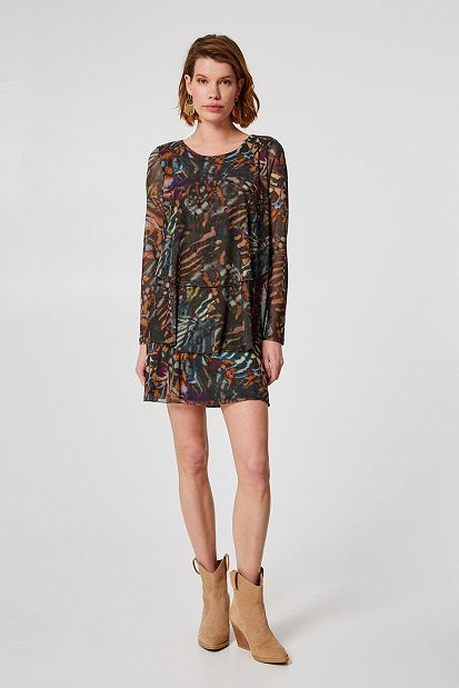 Mesh printed dress with frills