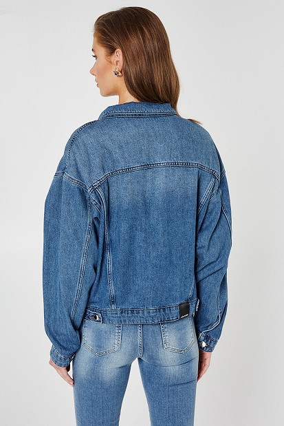 Denim jacket with rhinestones and bejeweled buttons