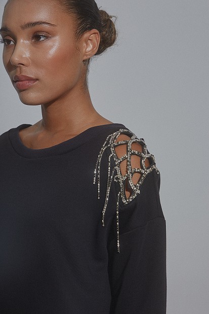 Blouse with cutwork and rhinestones