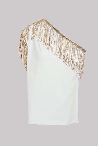 One-shoulder blouse with shiny fringes - Gold Label