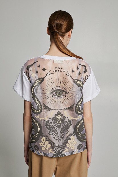 Blouse with sheer back with print