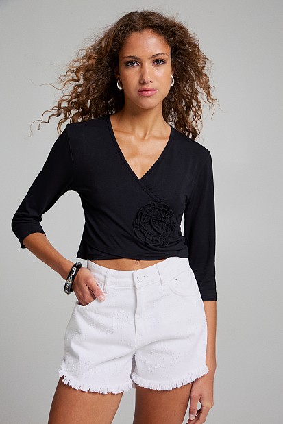 Wrap top with applique flower