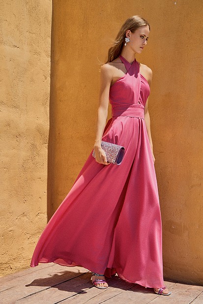 Maxi dress with crossover halter neck