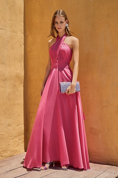 Maxi dress with crossover halter neck