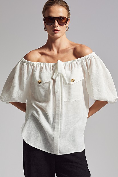 Off-shoulder blouse with decorative pockets