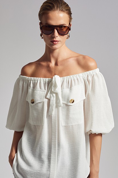 Off-shoulder blouse with decorative pockets