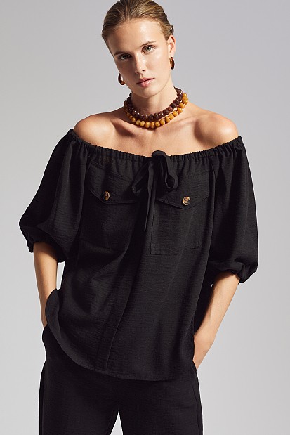 Off-shoulder blouse with decorative pockets