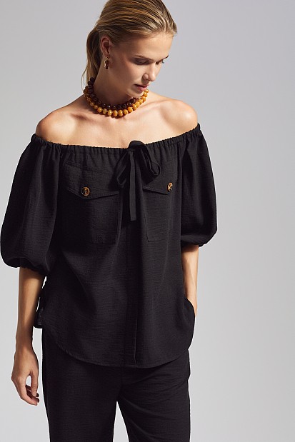 Off-shoulder blouse with decorative pockets