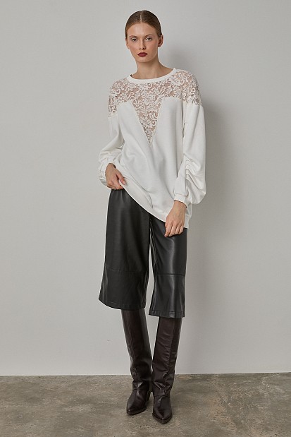 Longline sweater with lace and sheer
