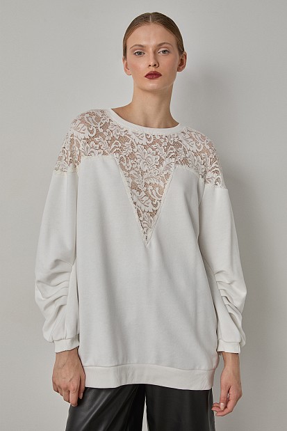 Longline sweater with lace and sheer