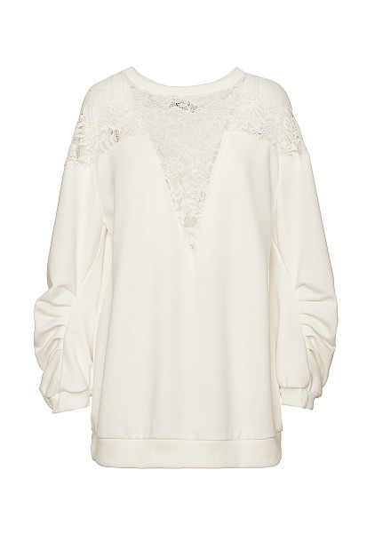 Longline sweater with lace and sheer