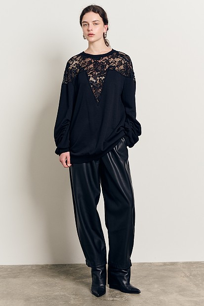 Longline sweater with lace and sheer