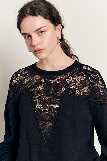 Longline sweater with lace and sheer