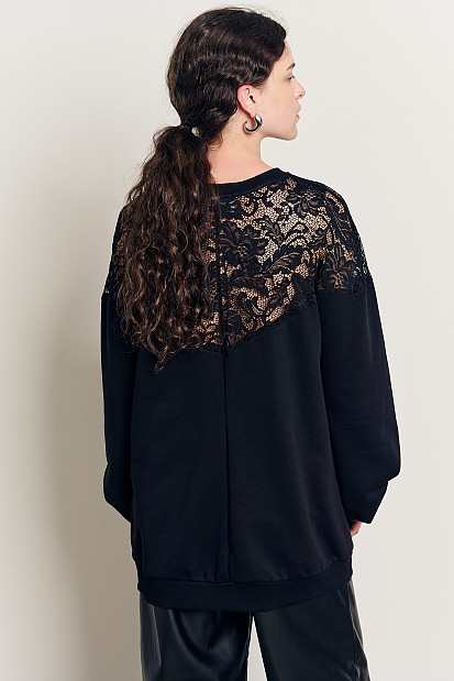 Longline sweater with lace and sheer