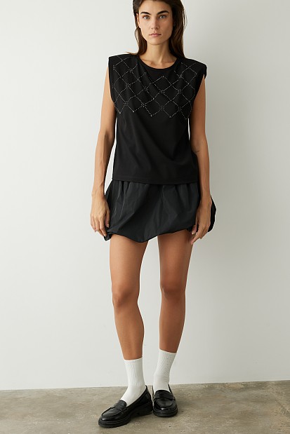 Padded shoulder top and rhinestones