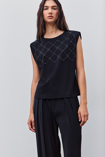 Padded shoulder top and rhinestones