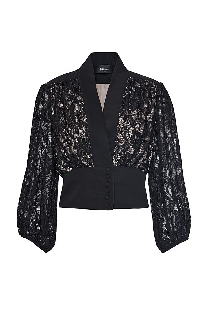 Tailored-waist long sleeves blouse with lace