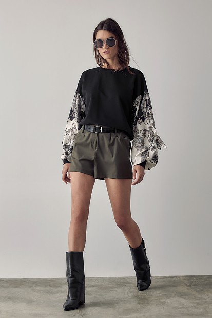 Sweater with printed satin sleeves