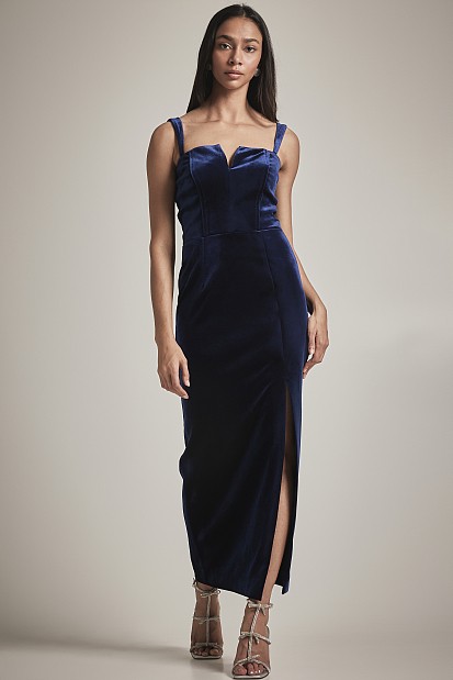 Rochie midi cu aspect catifelat și fantă