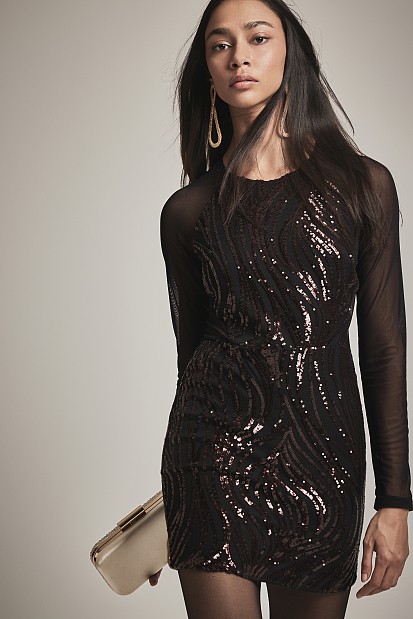 Mini sequined dress with long sleeves and sheer - Gold label