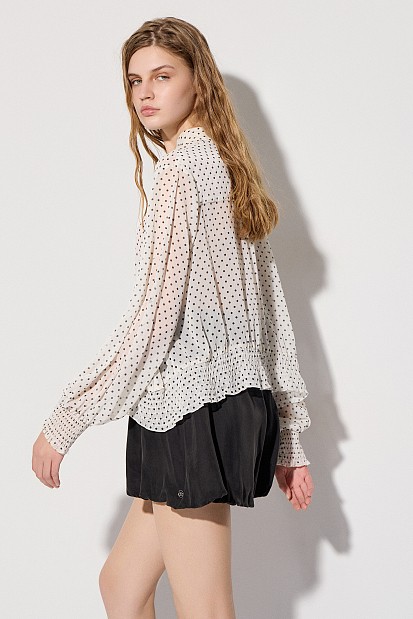 Polka dot shirt with long sleeves and shirring