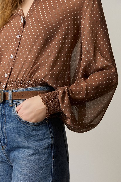 Polka dot shirt with long sleeves and shirring