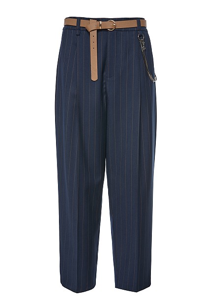 Striped trousers with belt and chain
