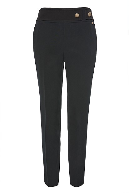 Trousers with bejeweled buttons