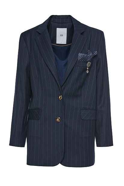 Striped blazer with bejeweled pin