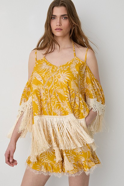 Printed kaftan with fringe detailing