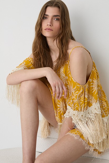 Printed kaftan with fringe detailing