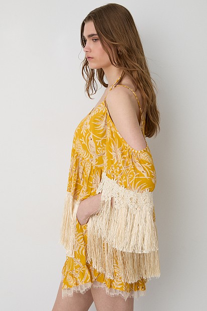 Printed kaftan with fringe detailing