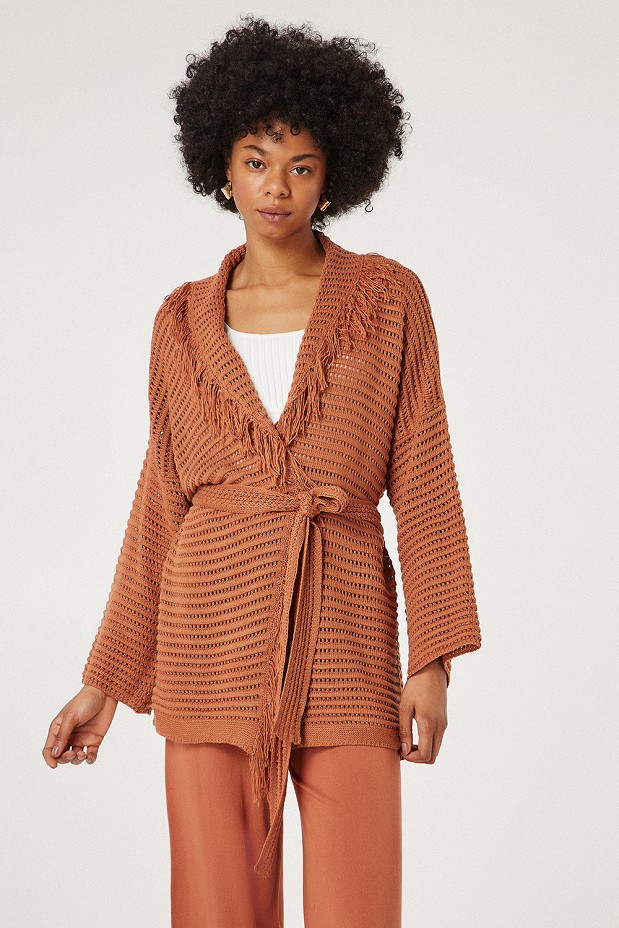 Cardigan with fringes and cutwork