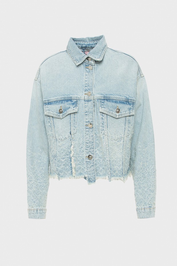 Jean jacket with rhinestones and fringes