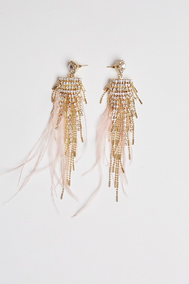Hanging earrings with feathers and rhinestones
