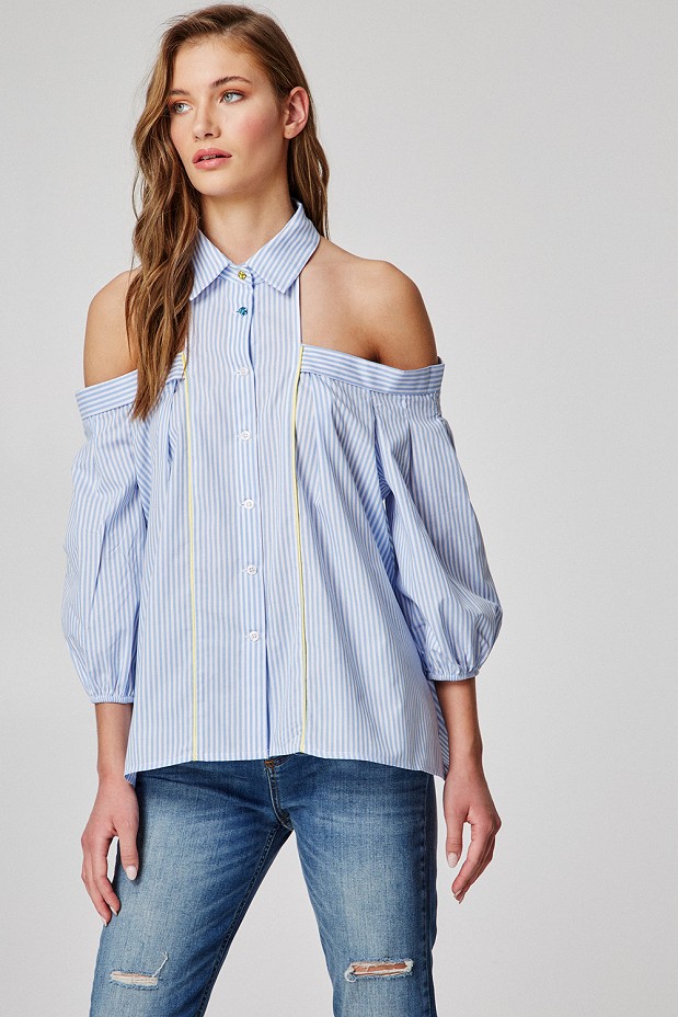 Off-shoulder shirt with bejeweled buttons