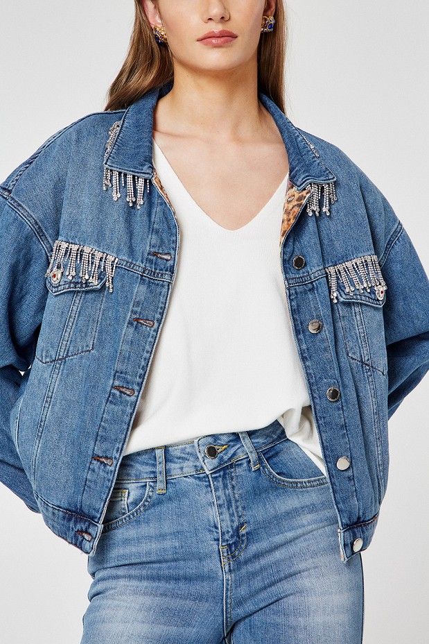 Denim jacket with rhinestones and bejeweled buttons